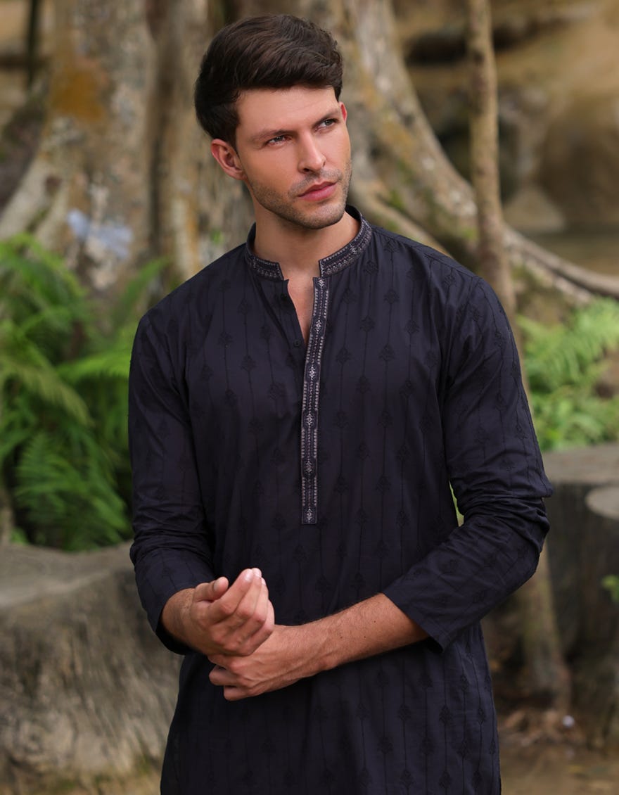 BLACK SCHIFFLI COTTON FORMAL KURTA