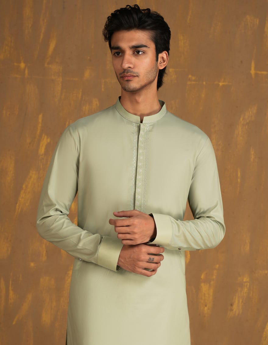 LIGHT GREEN BLENDED KURTA PAJAMA | JJKP-A-33087