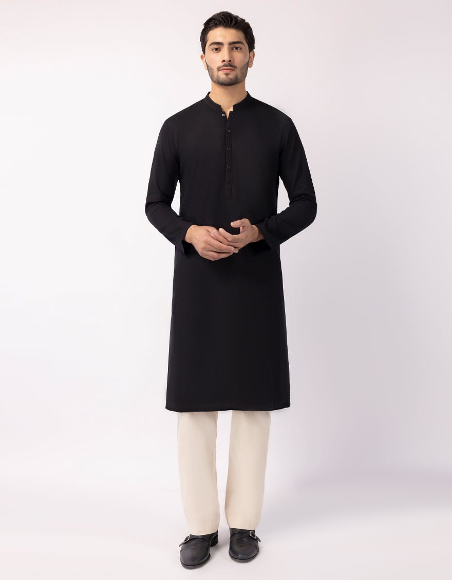 BLACK COTTON SEMI-FORMAL KURTA TROUSERS