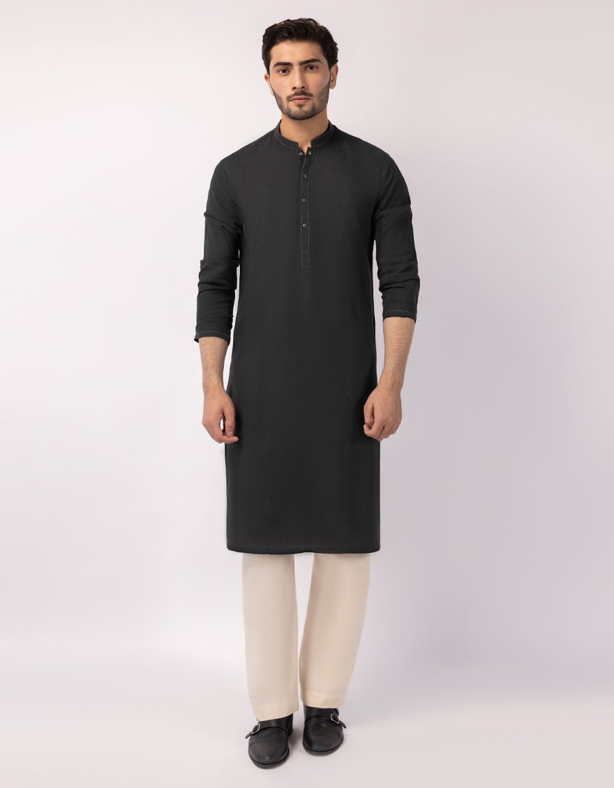 DARK GREEN COTTON SEMI-FORMAL KURTA TROUSERS