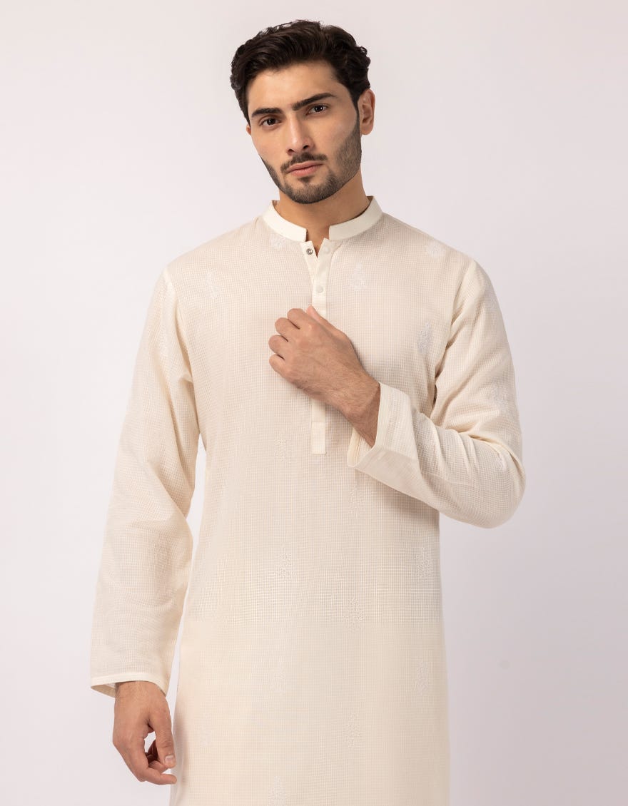 OFF WHITE COTTON SEMI-FORMAL KURTA TROUSERS