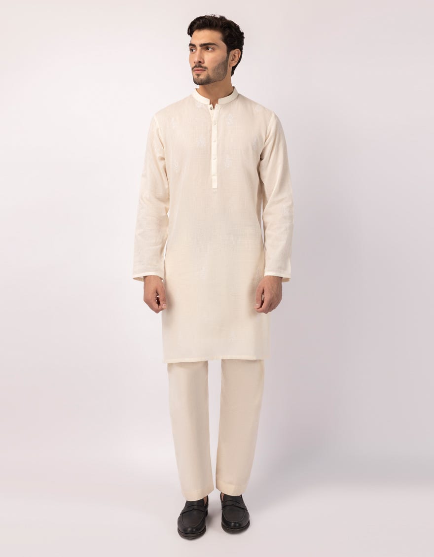 OFF WHITE COTTON SEMI-FORMAL KURTA TROUSERS
