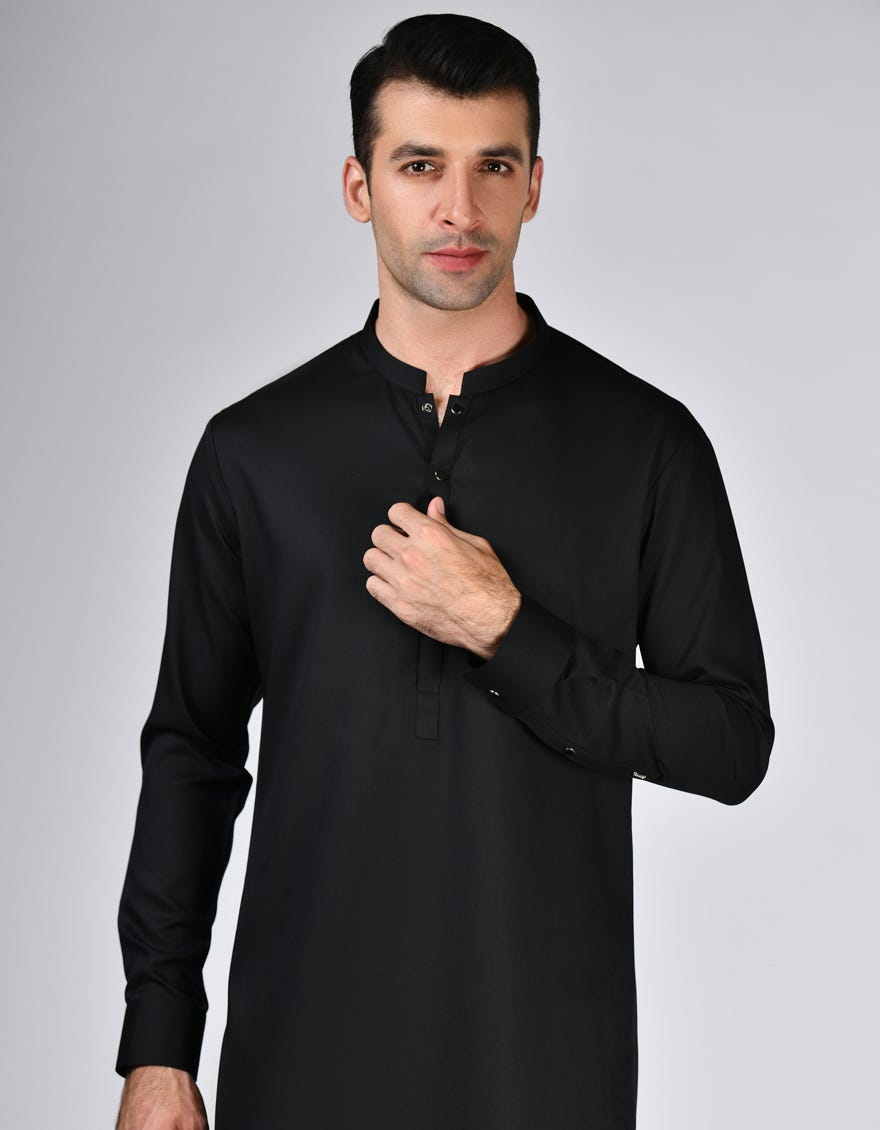 Black Blended Men's Kameez Shalwar | Jjks-S-47171
