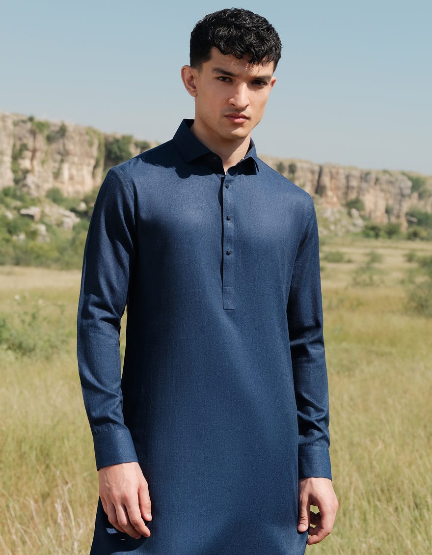 NAVY BLUE BLENDED KAMEEZ SHALWAR | JJKS-W-33157