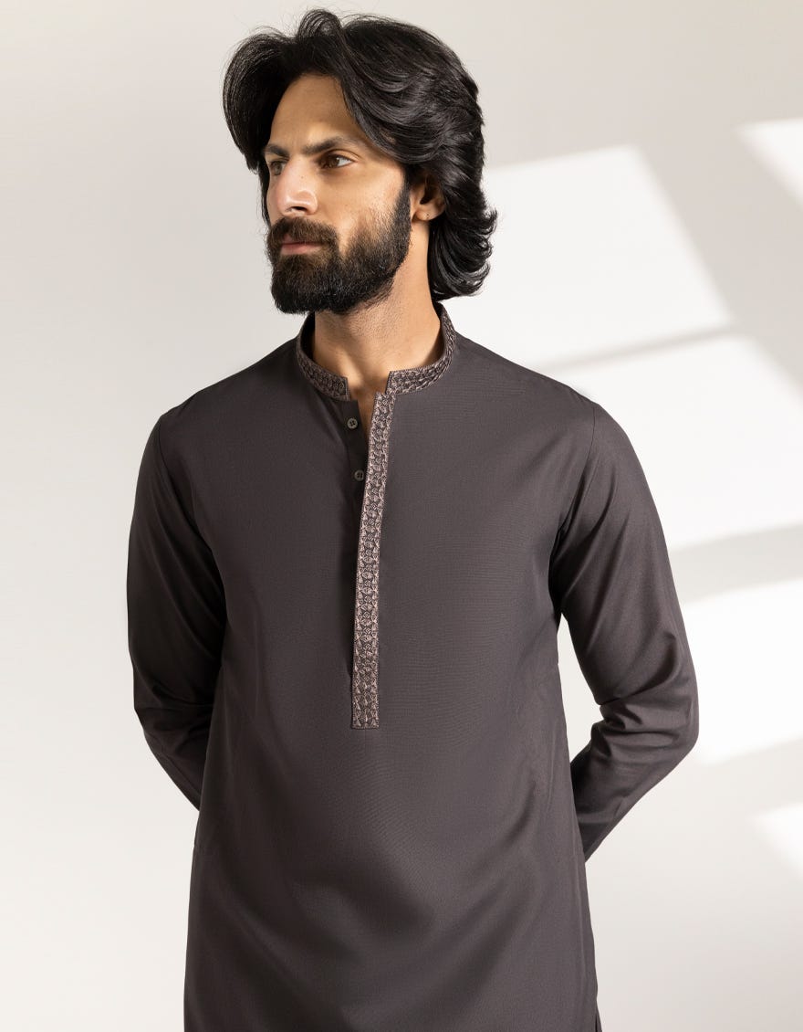 DARK BROWN POLYESTER SEMI-FORMAL KAMEEZ SHALWAR