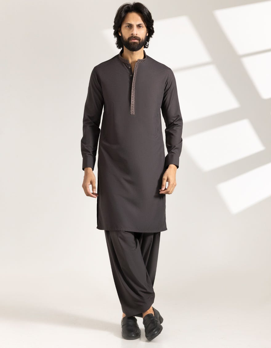 DARK BROWN POLYESTER SEMI-FORMAL KAMEEZ SHALWAR