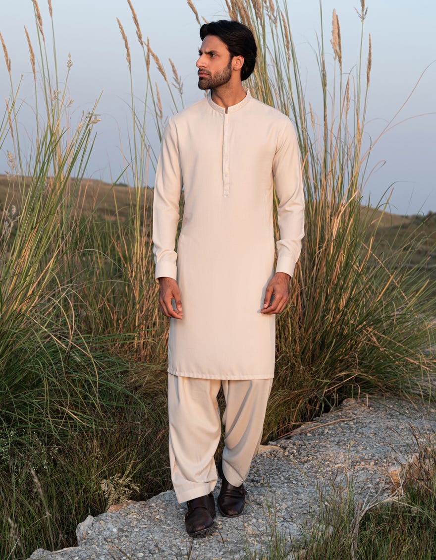 LIGHT BEIGE BLENDED KAMEEZ SHALWAR | JJKS-A-47341