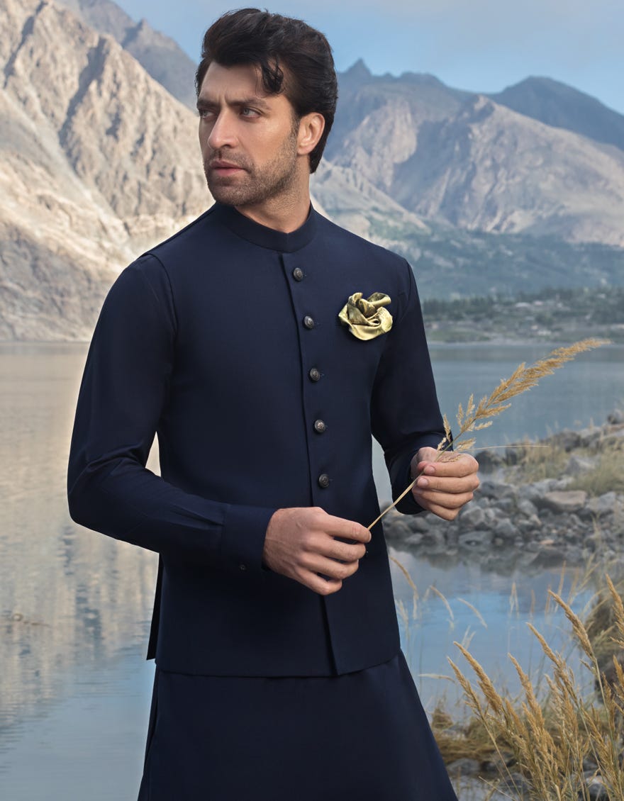 BLUE BLENDED WAISTCOAT & KAMEEZ SHALWAR & WAISTCOAT | JJKSVC-40152