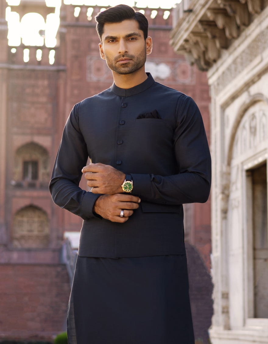 DEEP GREEN BLENDED KAMEEZ SHALWAR & WAISTCOAT | JJKSVC-40261