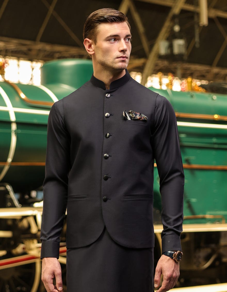 Navy Blue Blended Kameez Shalwar + Waistcoat | Jjksvc-A-47170