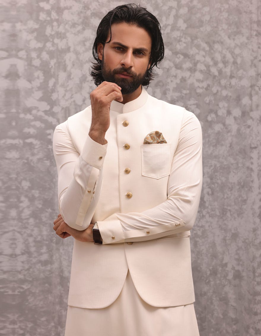CREAM BLENDED KAMEEZ SHALWAR & WAISTCOAT | JJKSVC-A-47225