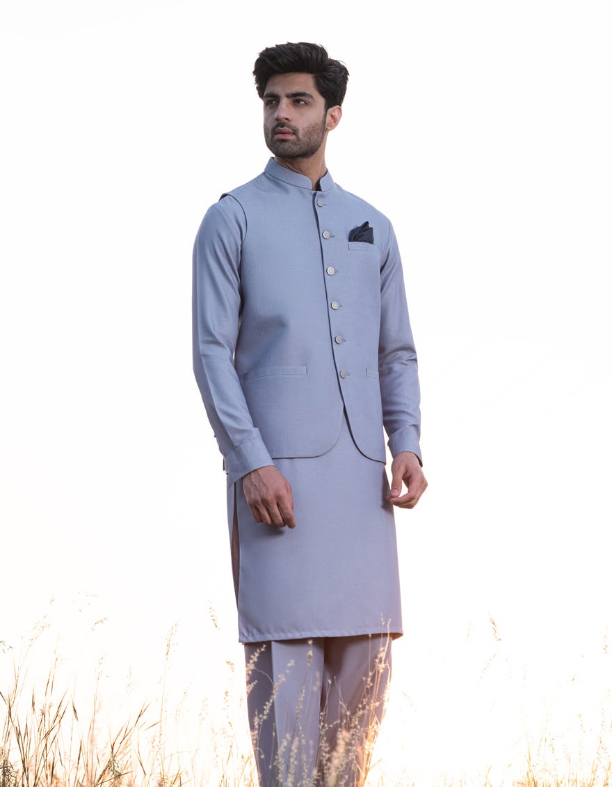 LIGHT BLUE BLENDED KAMEEZ SHALWAR & WAISTCOAT | JJKSVC-W-47306