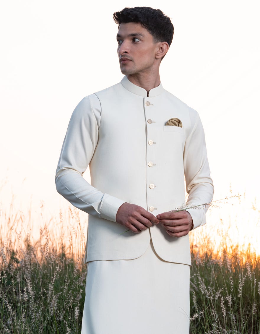 CREAM BLENDED KAMEEZ SHALWAR & WAISTCOAT | JJKSVC-W-47307