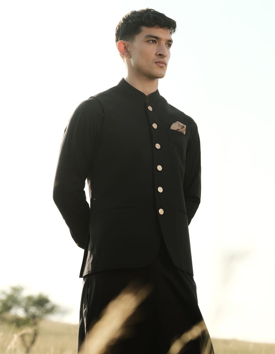 BLACK KAMEEZ SHALWAR & WAISTCOAT | JJKSVC-A-47355