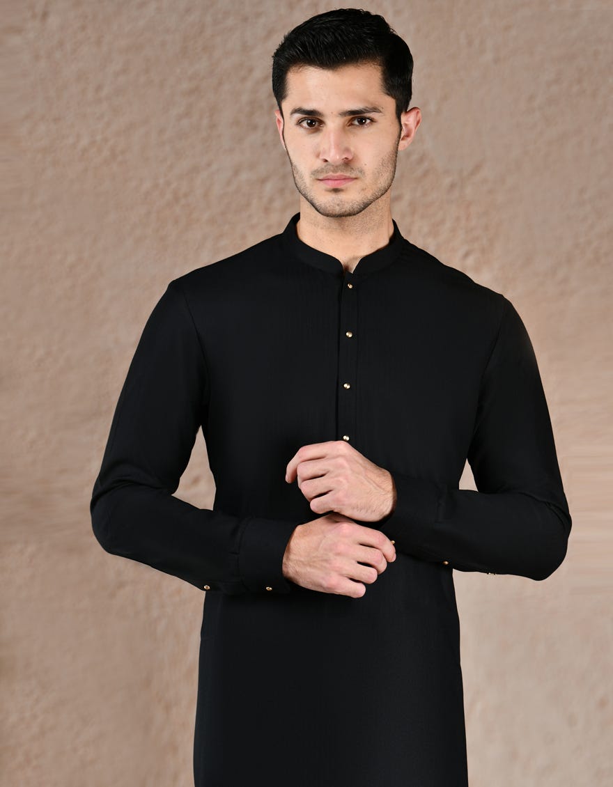 BLACK BLENDED KAMEEZ SHALWAR & WAISTCOAT | JJKSVC-A-47391