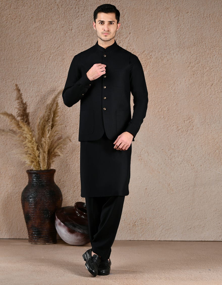 BLACK BLENDED KAMEEZ SHALWAR & WAISTCOAT | JJKSVC-A-47391