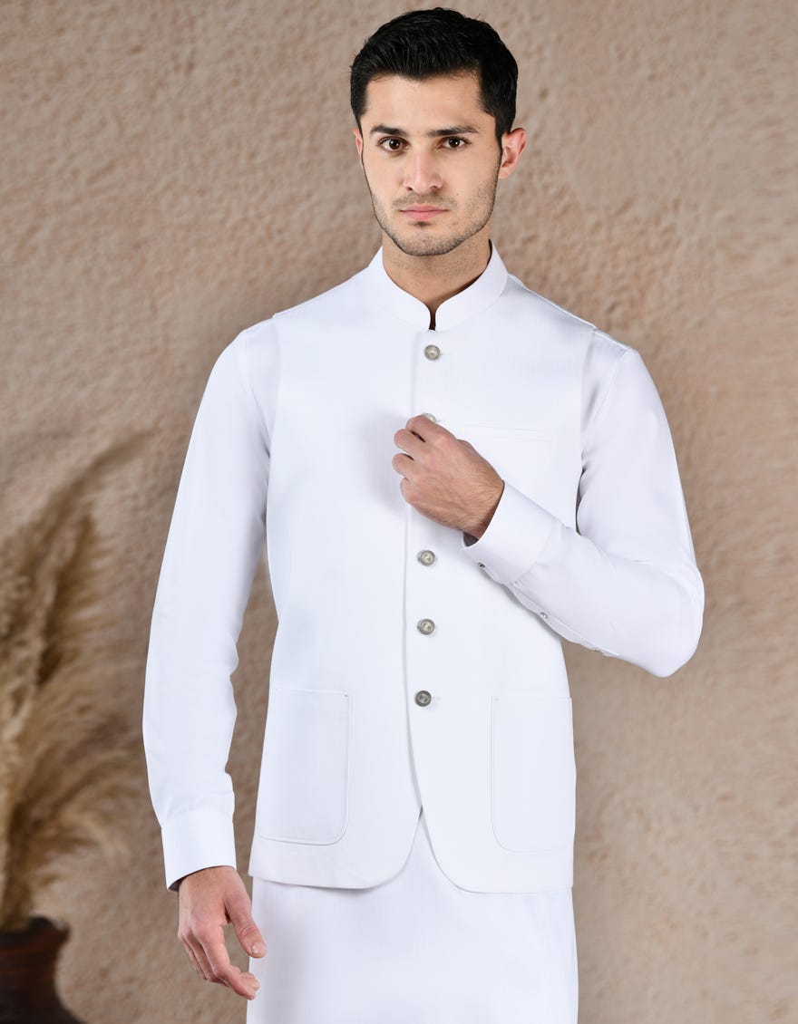 WHITE BLENDED KAMEEZ SHALWAR & WAISTCOAT | JJKSVC-A-47393