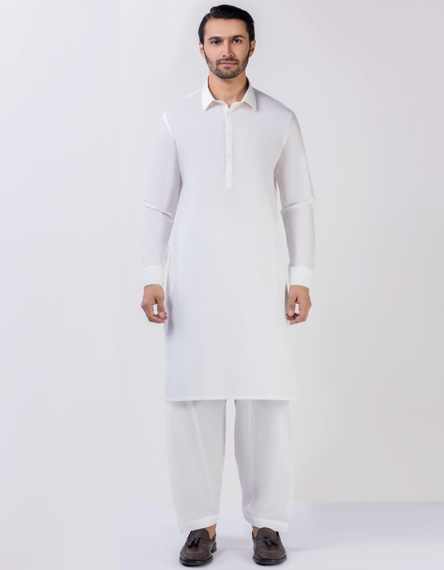 White Blended Unstitched Kameez Shalwar Fabric - Jjms-2405
