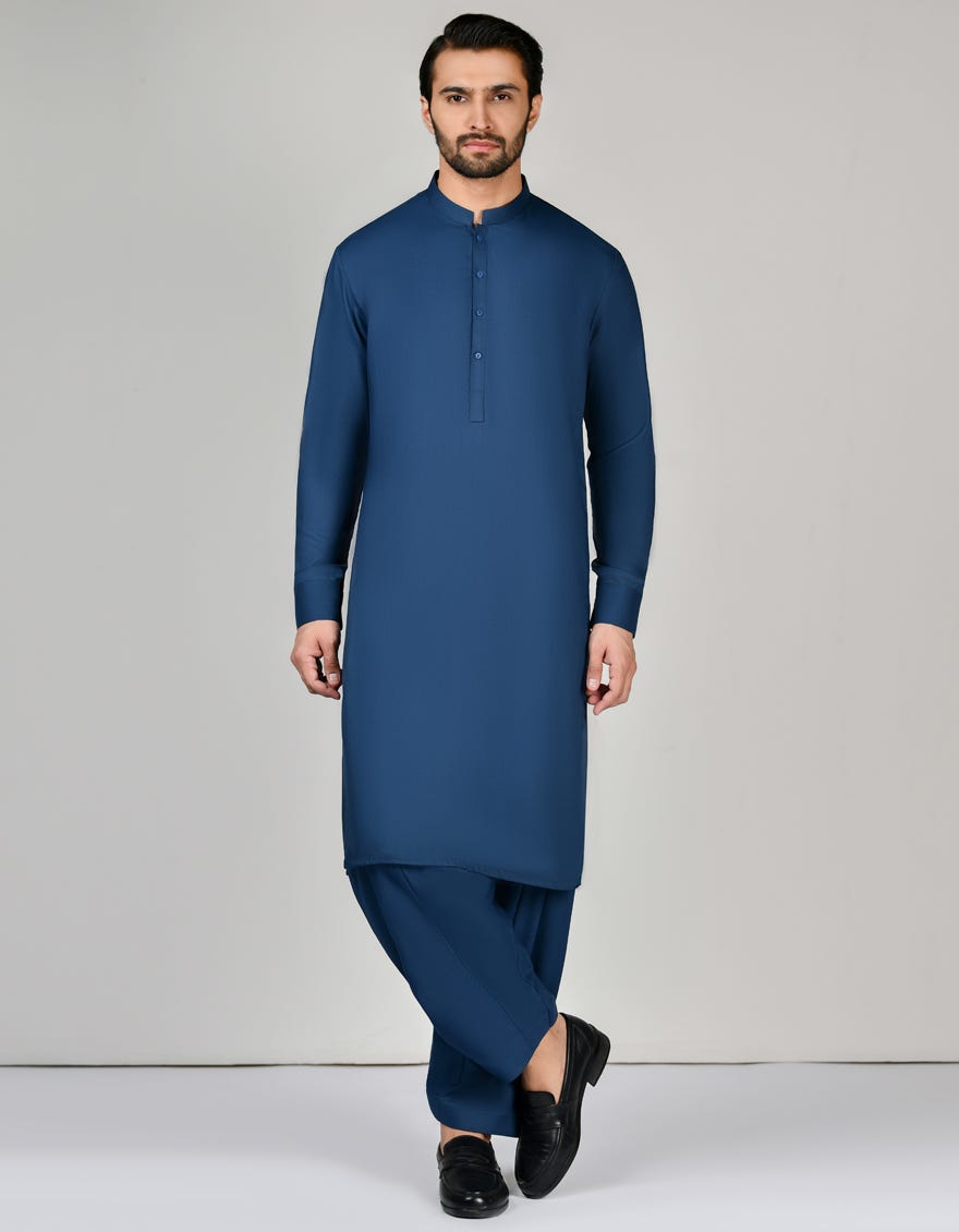 Prussian Blue Blended Unstitched Kameez Shalwar Fabric | Jjms-2640