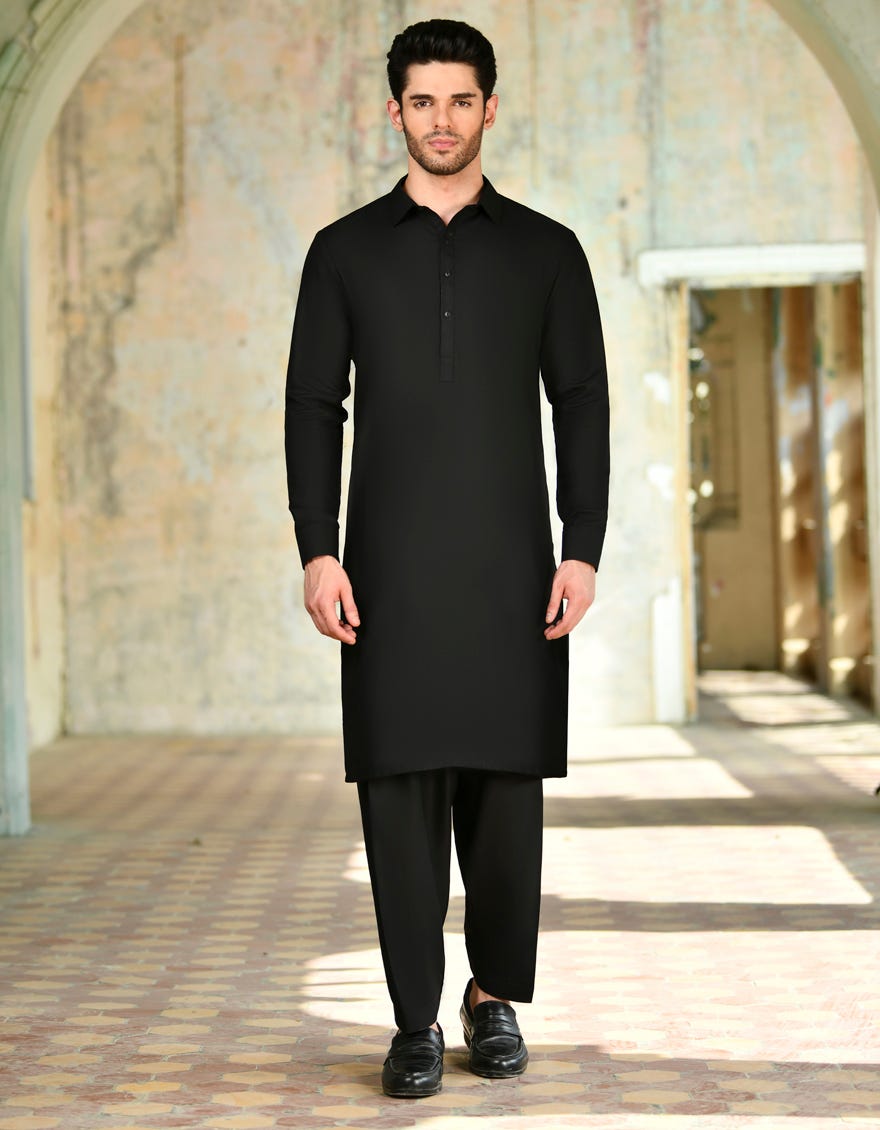 Black Blended Unstitched Kameez Shalwar Fabric | Jjms-2726
