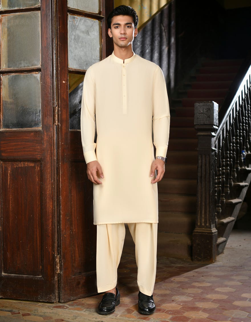 Cream Blended Unstitched Kameez Shalwar Fabric | Jjms-2728