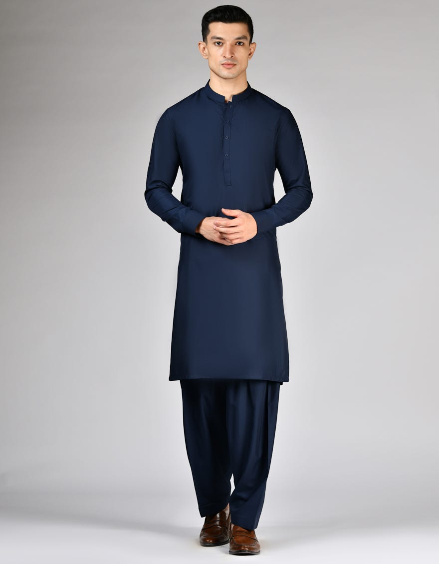 NAVY BLUE BLENDED UNSTITCHED KAMEEZ SHALWAR FABRIC | JJMS-2862