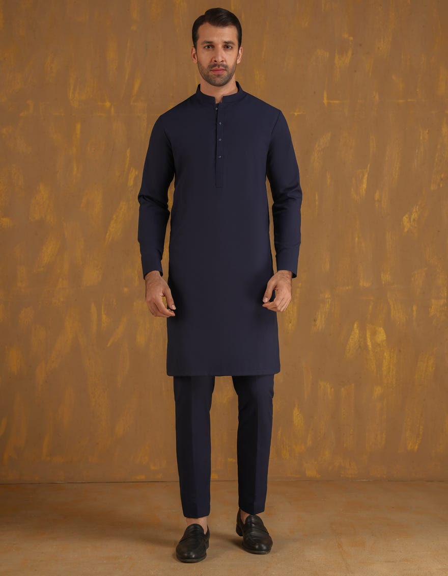 NAVY BLUE BLENDED UNSTITCHED KAMEEZ SHALWAR FABRIC | JJMS-2998