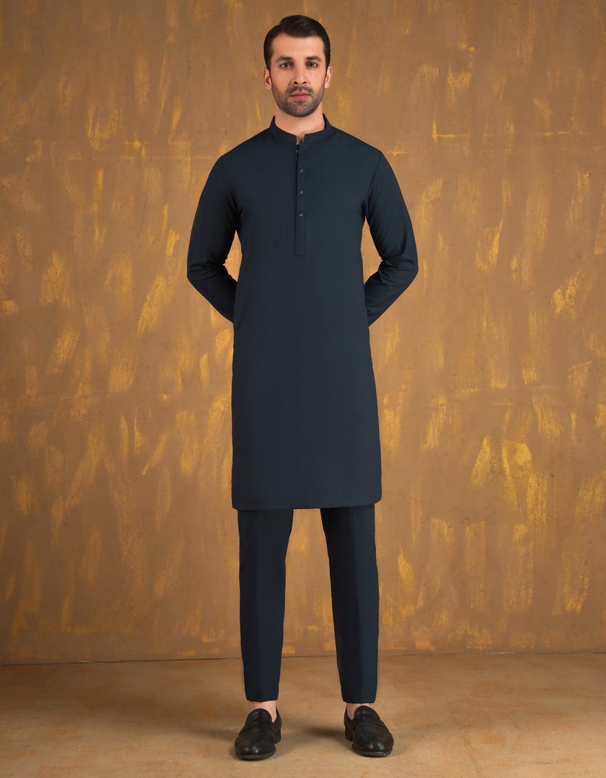 PRUSSIAN BLUE BLENDED UNSTITCHED KAMEEZ SHALWAR FABRIC | JJMS-3019