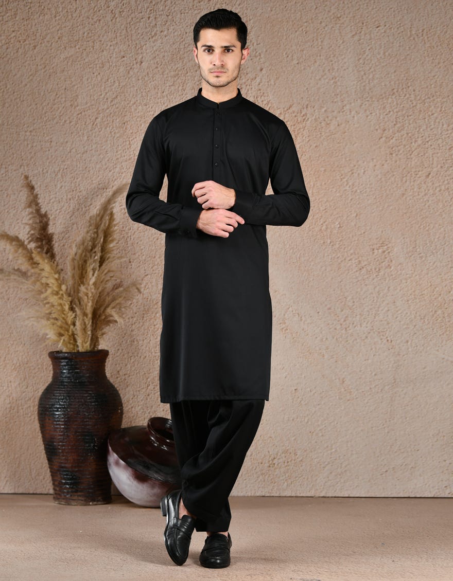 BLACK BLENDED UNSTITCHED KAMEEZ SHALWAR FABRIC