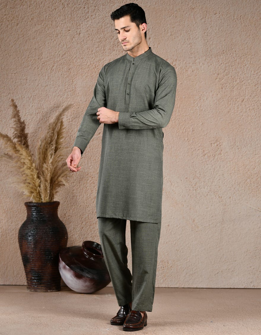 OLIVE BLENDED UNSTITCHED KAMEEZ SHALWAR FABRIC