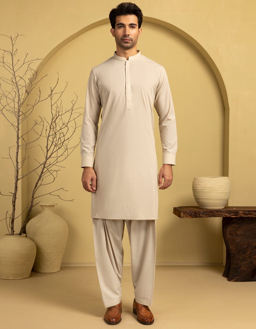 LIGHT BEIGE BLENDED UNSTITCHED KAMEEZ SHALWAR FABRIC