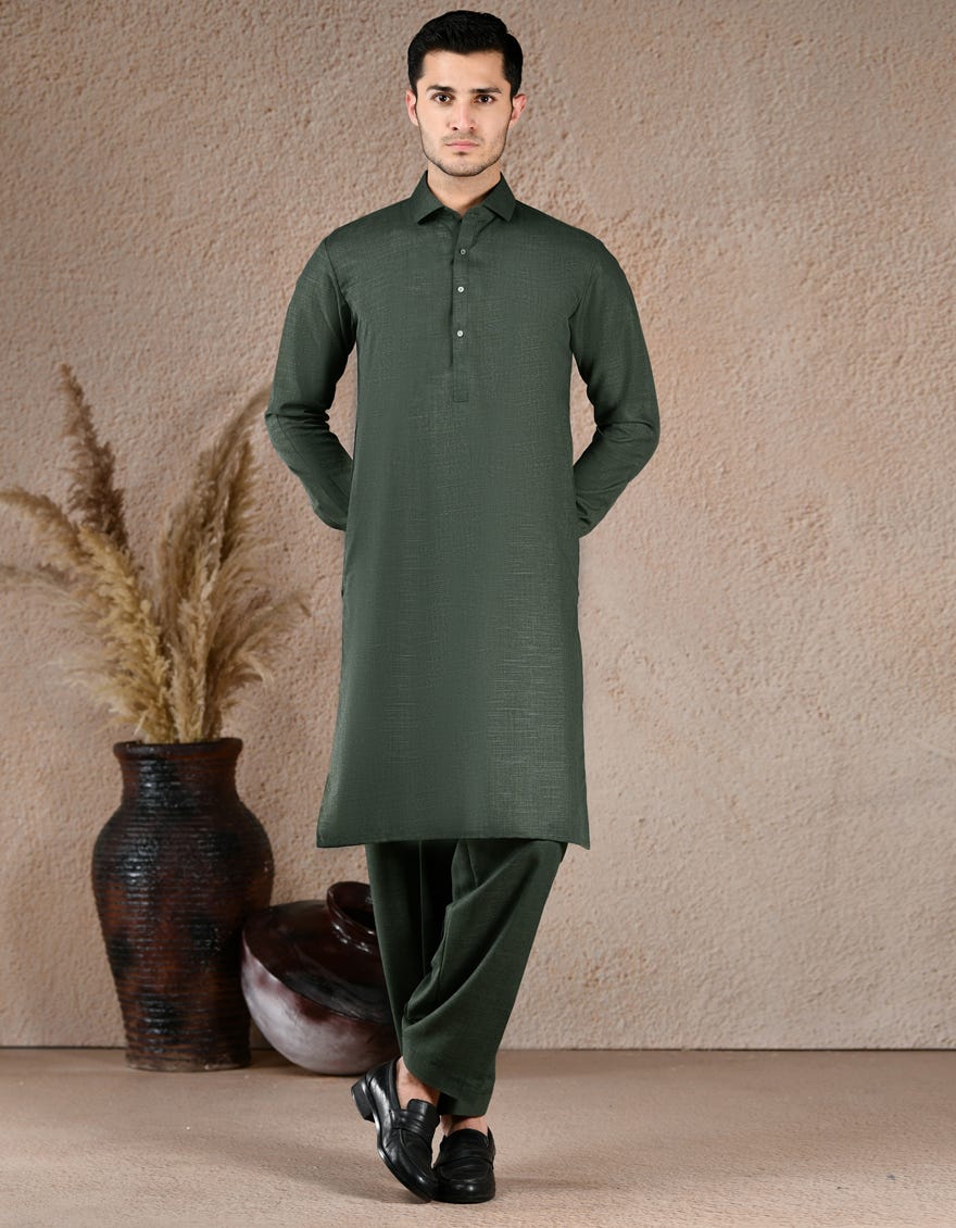 BOTTLE GREEN BLENDED UNSTITCHED KAMEEZ SHALWAR FABRIC