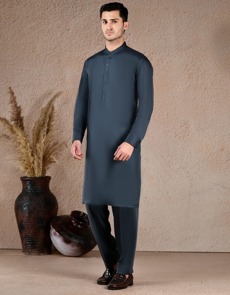 PRUSSIAN BLUE BLENDED UNSTITCHED KAMEEZ SHALWAR FABRIC