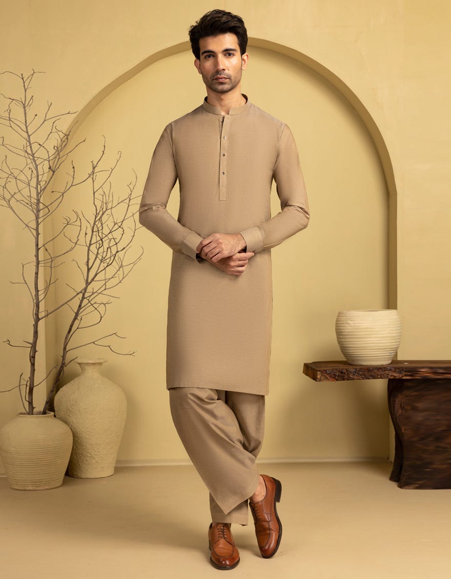 KHAKI COTTON UNSTITCHED KAMEEZ SHALWAR FABRIC