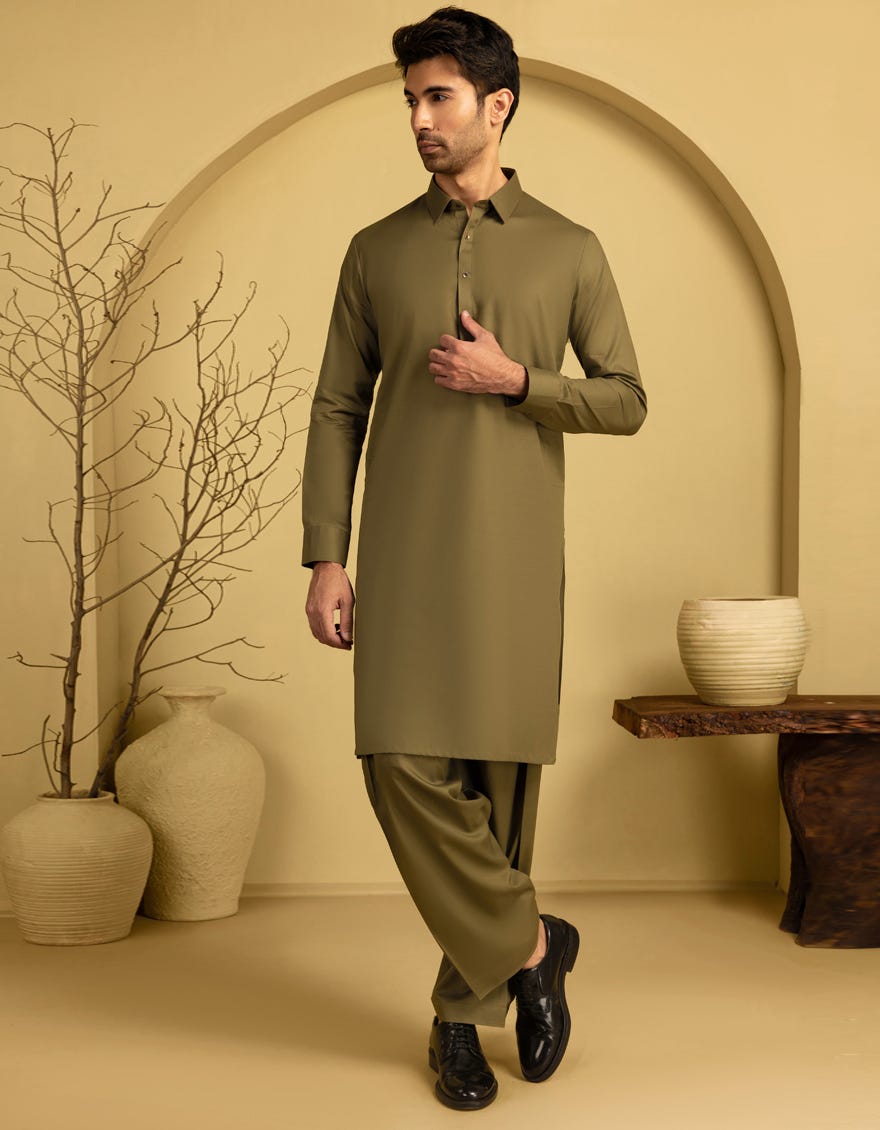 OLIVE GREEN BLENDED UNSTITCHED KAMEEZ SHALWAR FABRIC
