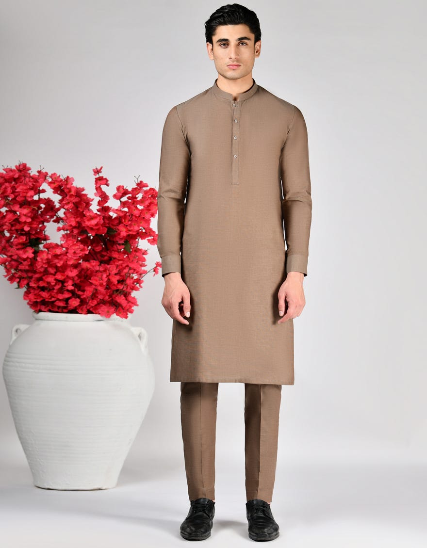KHAKI COTTON UNSTITCHED KAMEEZ SHALWAR FABRIC