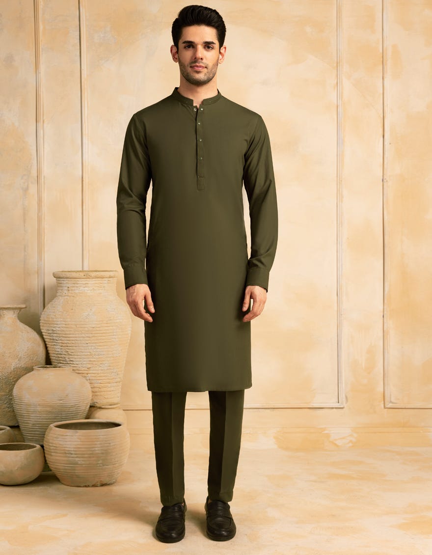 ARMY GREEN BLENDED UNSTITCHED KAMEEZ SHALWAR FABRIC