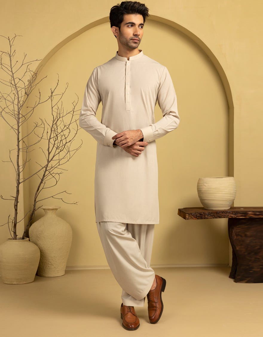 CREAM BLENDED UNSTITCHED KAMEEZ SHALWAR FABRIC
