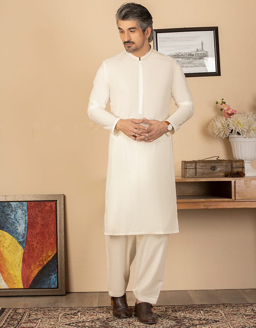 CREAM BLENDED UNSTITCHED KAMEEZ SHALWAR FABRIC | JJMS-1992