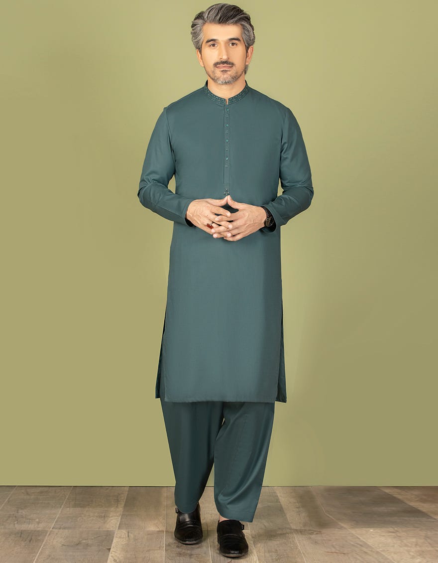 GREEN COTTON UNSTITCHED KAMEEZ SHALWAR FABRIC | JJMS-1995