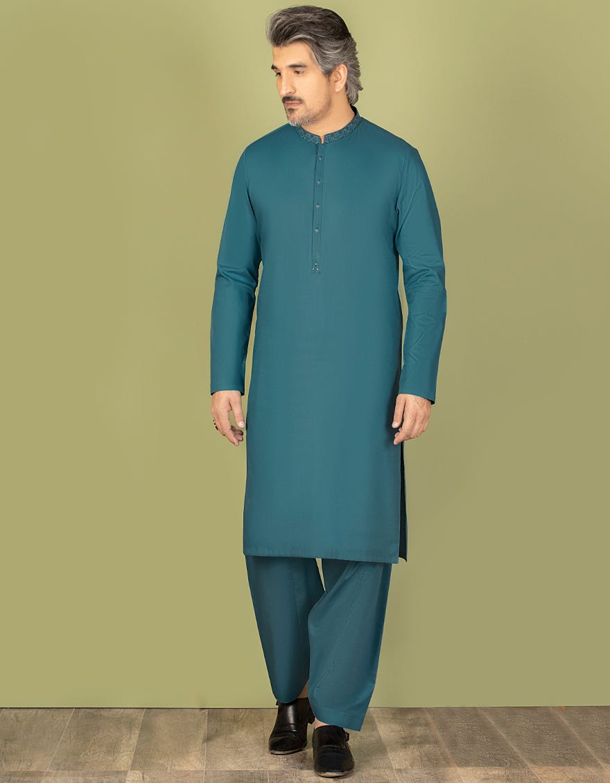 TEAL COTTON UNSTITCHED KAMEEZ SHALWAR FABRIC | JJMS-1995
