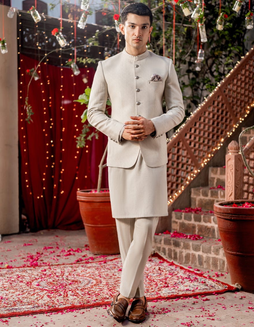 Ash White Blended Prince Coat | Jjpjkp-A-48150