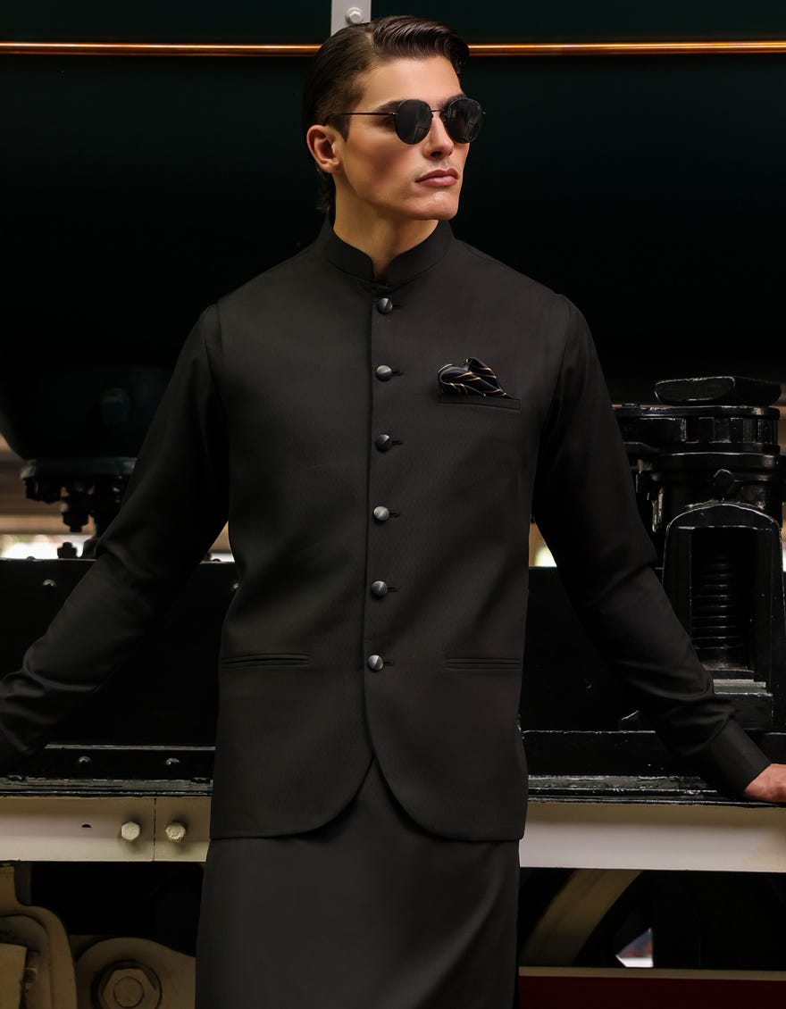 Black Blended Kameez Shalwar + Waistcoat | Jjksvc-A-47171