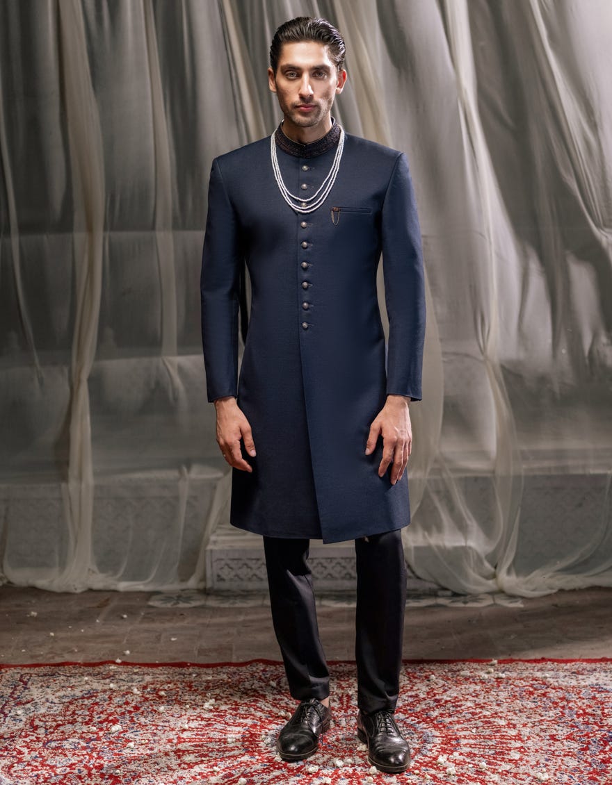 Black-Blue Suiting Sherwani | Jjsw-565