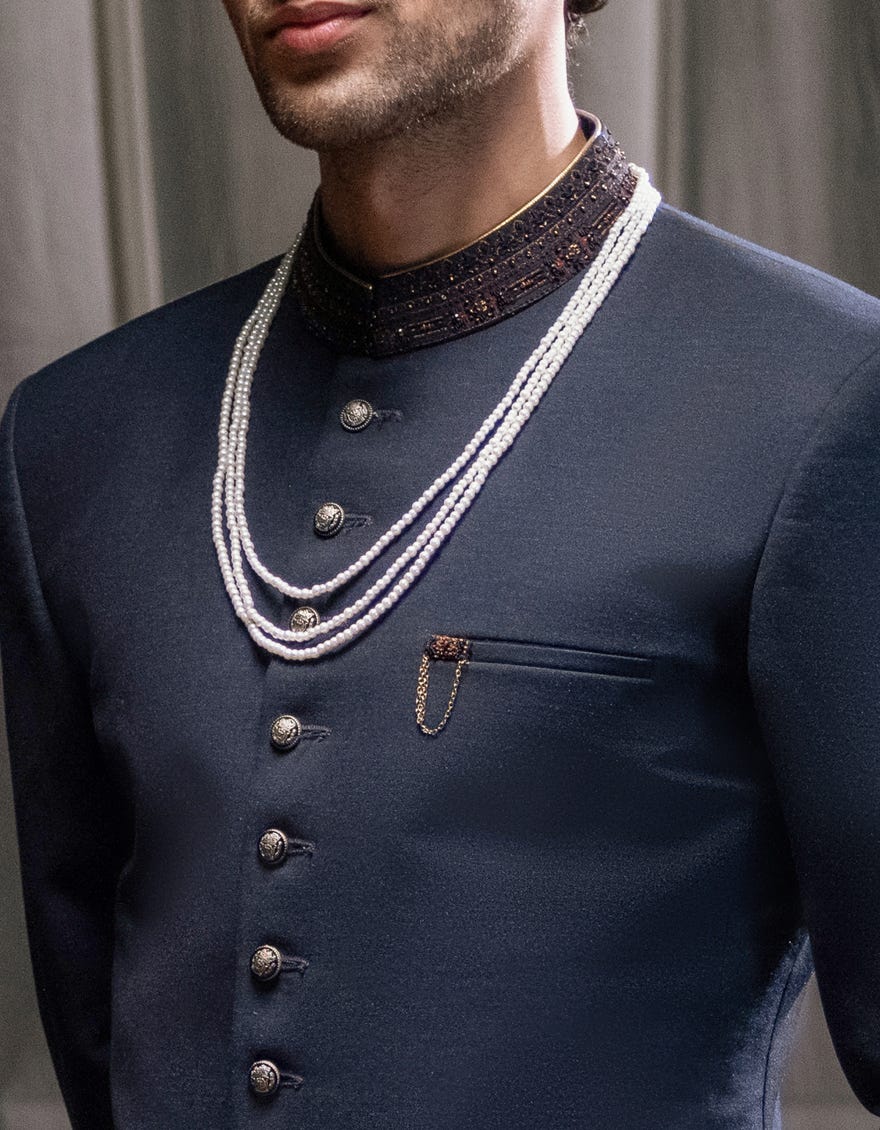 Black-Blue Suiting Sherwani | Jjsw-565