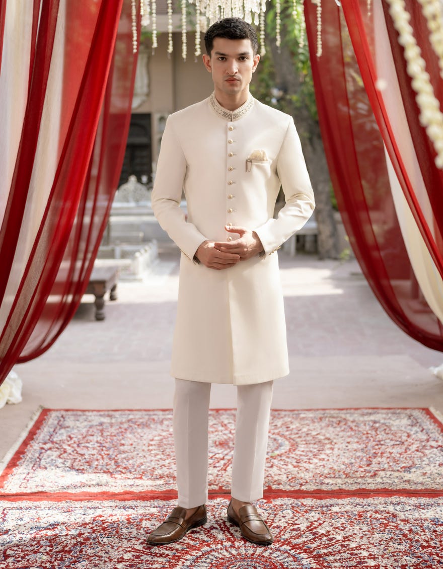 Pearl White Suiting Sherwani | Jjsw-566