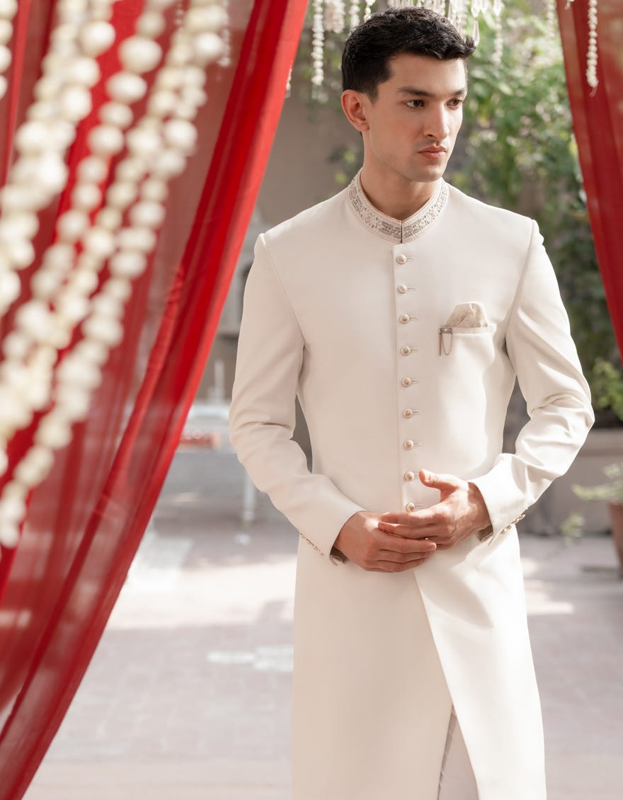 Pearl White Suiting Sherwani | Jjsw-566