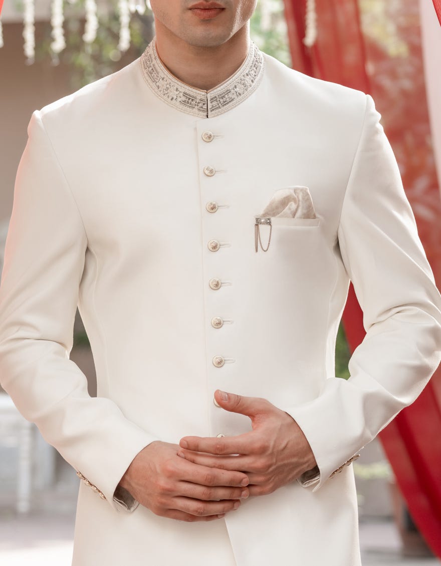 Pearl White Suiting Sherwani | Jjsw-566