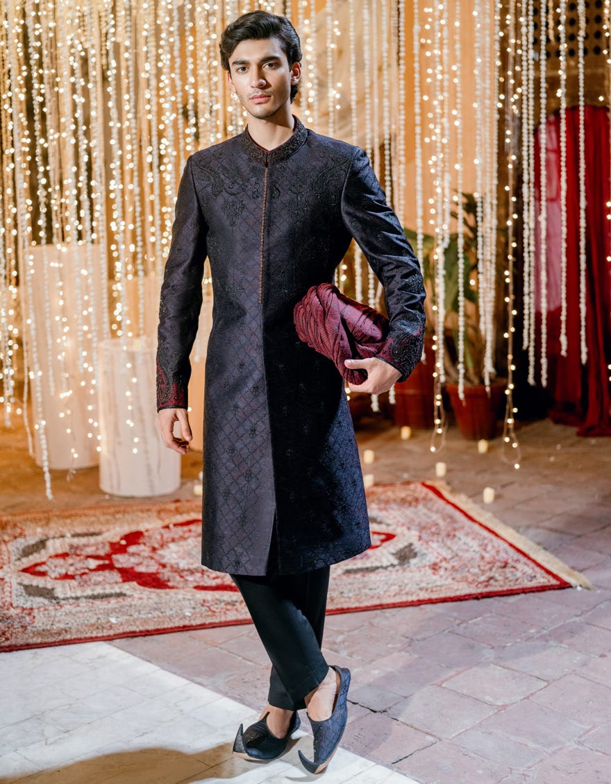 Blue-Black Polyester Sherwani | Jjsw-579