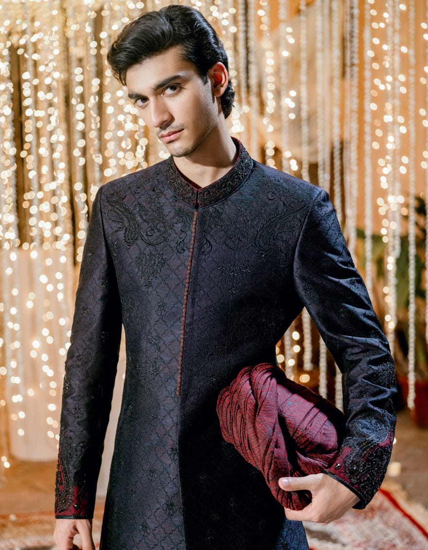 Blue-Black Polyester Sherwani | Jjsw-579